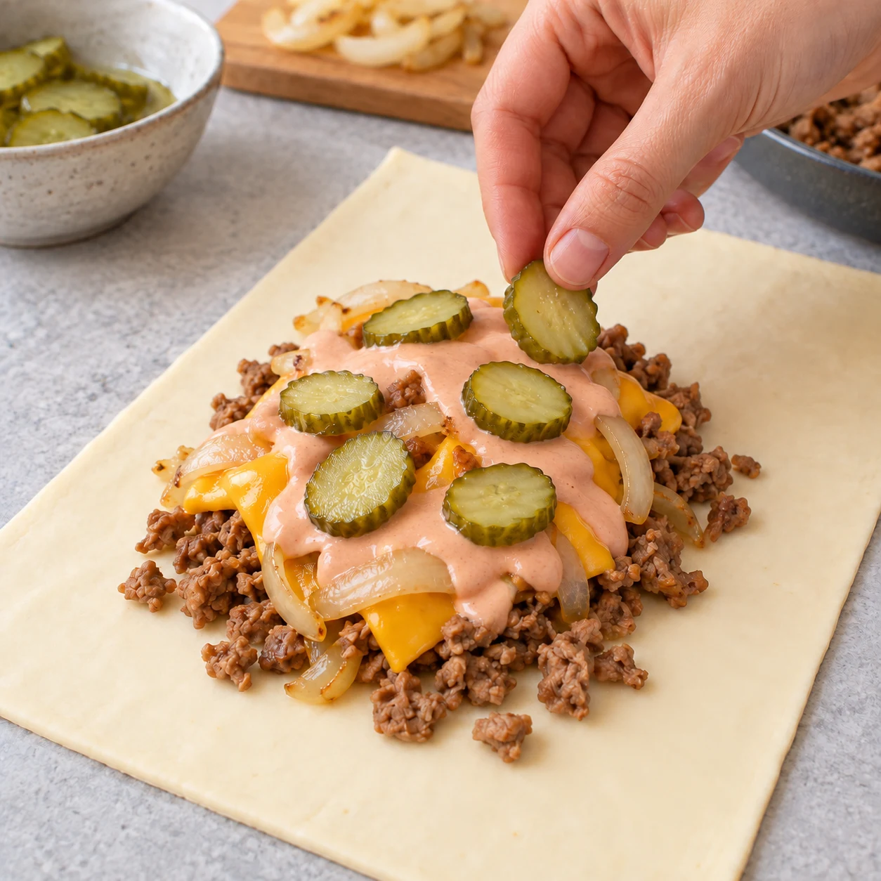 Répartis les rondelles de cornichons sur la sauce. État visible : Les rondelles sont réparties sur la garniture.