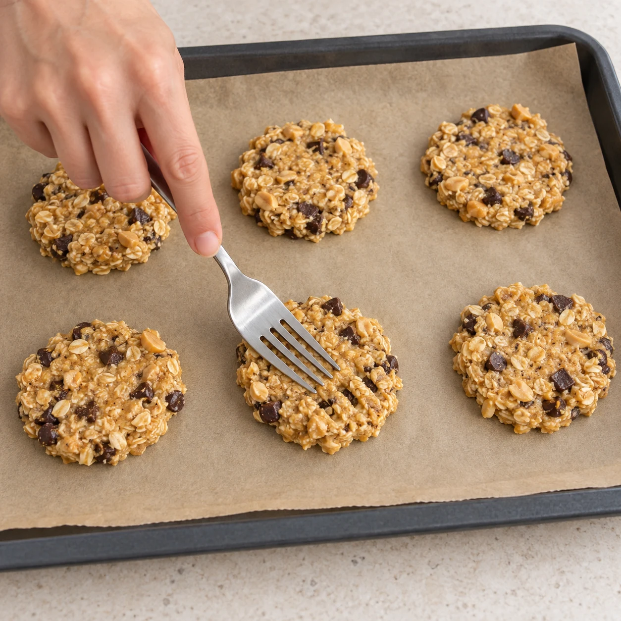 Aplatissez chaque tas avec une fourchette pour former des cookies. Une seule phase, texture fidèle à la recette d’origine, plan de travail pierre pâle et vaisselle neutre ; mains anonymes seulement.