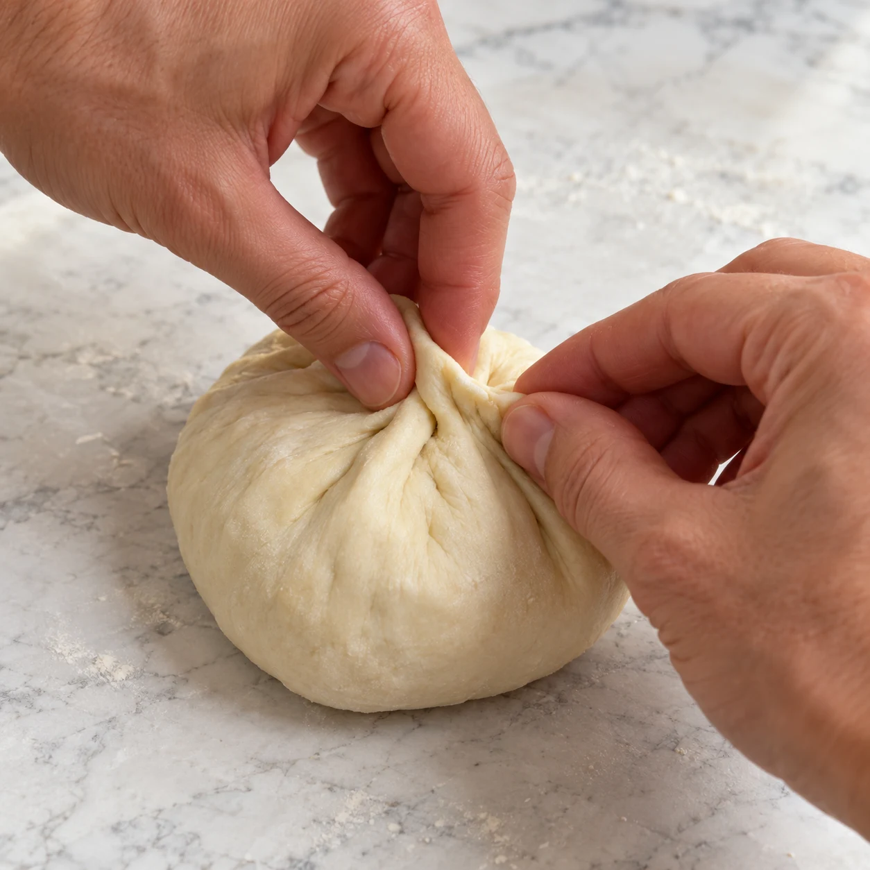 Mains anonymes pinçant les bords d’un pocket burger de pâte crue pour fermer sa jointure.