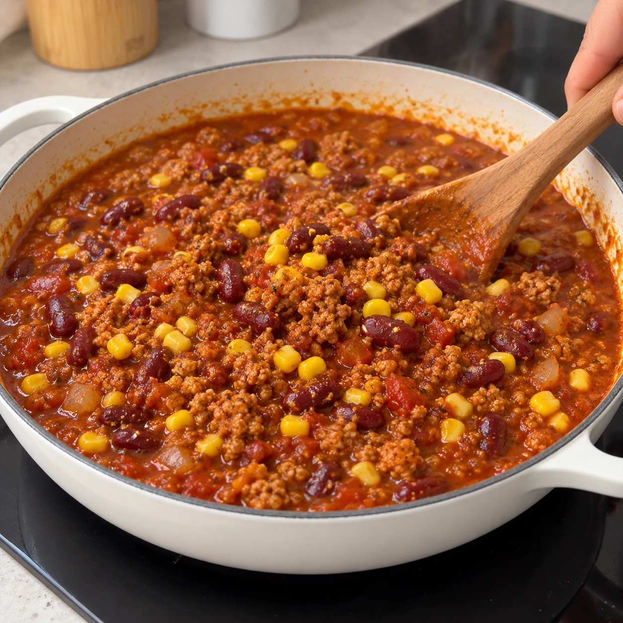 Verser le haché de soja cuisiné, en petits grains brun-rouge humides, sur les haricots rouges et le maïs dans la sauce ; aucune protéine sèche ni bloc de tofu.