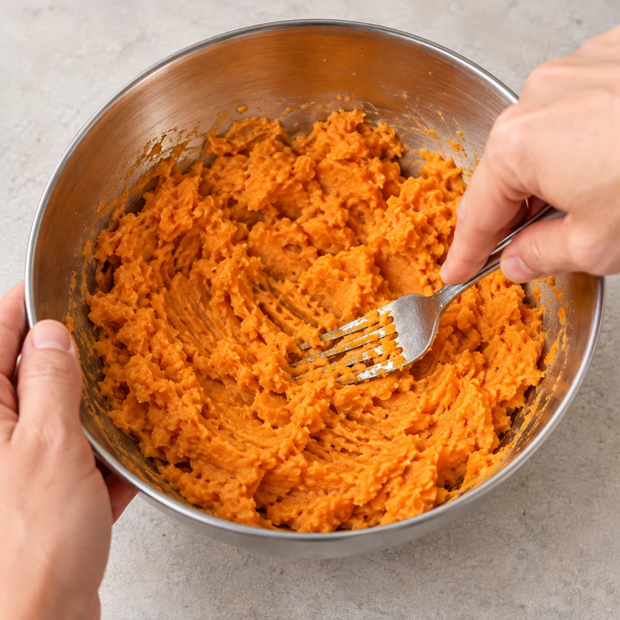 Une photographie carrée de cette seule action : Écrase la chair rôtie à la fourchette dans le saladier. Résultat attendu : La chair rôtie est écrasée en purée orange. Seulement les ingrédients de cette étape. Aucun ingrédient futur ni garniture ajoutée, aucun texte ni personne identifiable. Mains adultes anonymes seulement pour le geste.