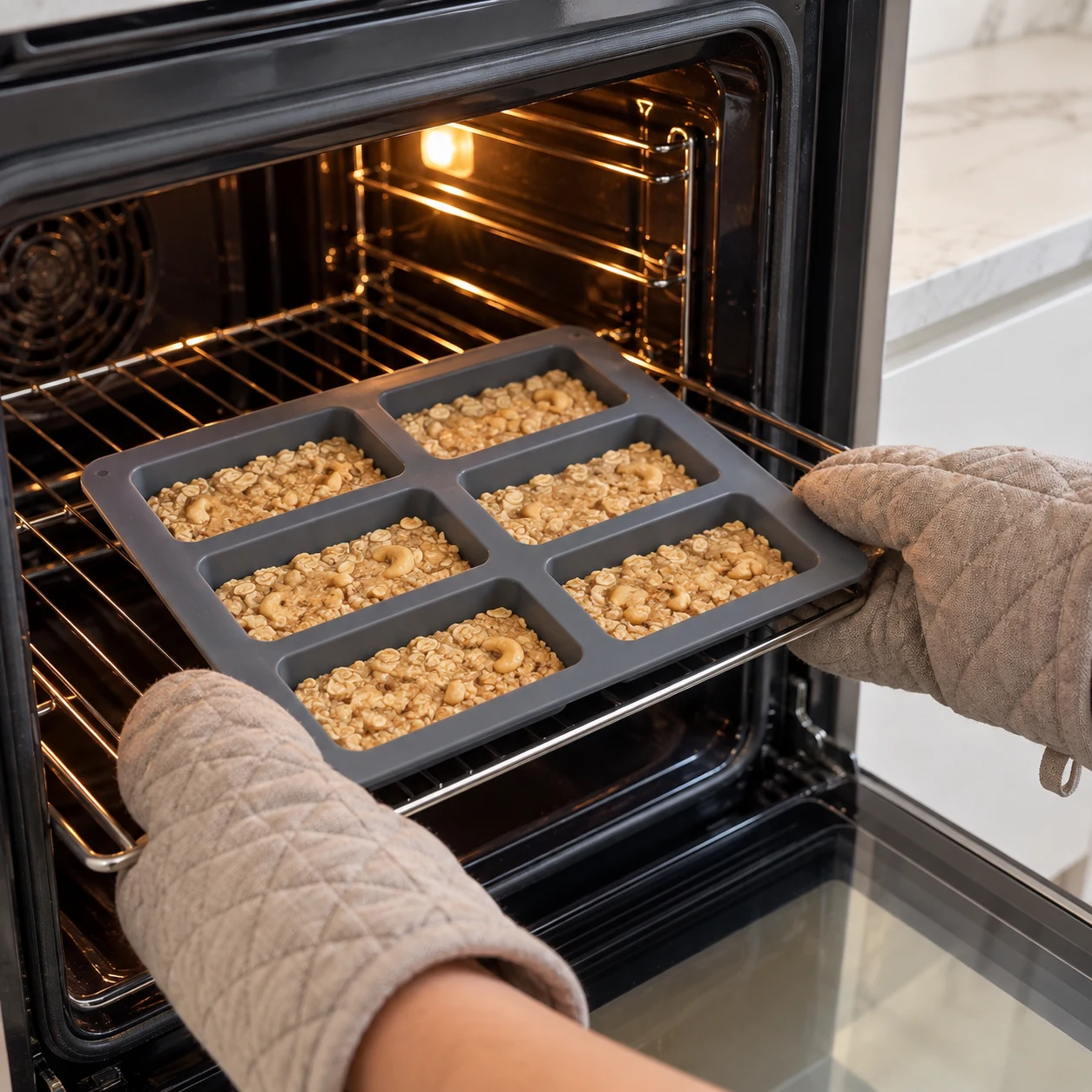 Mains protégées par des maniques enfournant le moule six empreintes contenant des bases encore crues sur la grille du four.