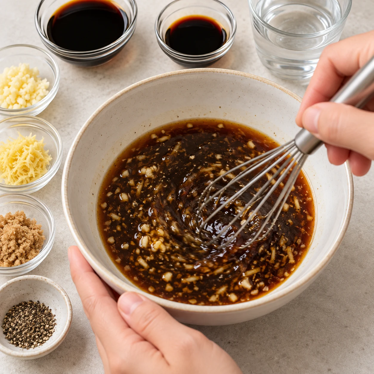 Dans un bol, mélange l’ail, le gingembre râpé, les 32 g de sauce soja salée prévus pour l’umami, la c. à soupe de sauce soja de la sauce, la c. à café de sucre brun, les 10 cl d’eau et le poivre selon le goût. La sauce soja noire facultative de la source n’est pas utilisée dans cette réalisation. Résultat : Le sucre et les condiments sont dispersés dans le liquide du bol.