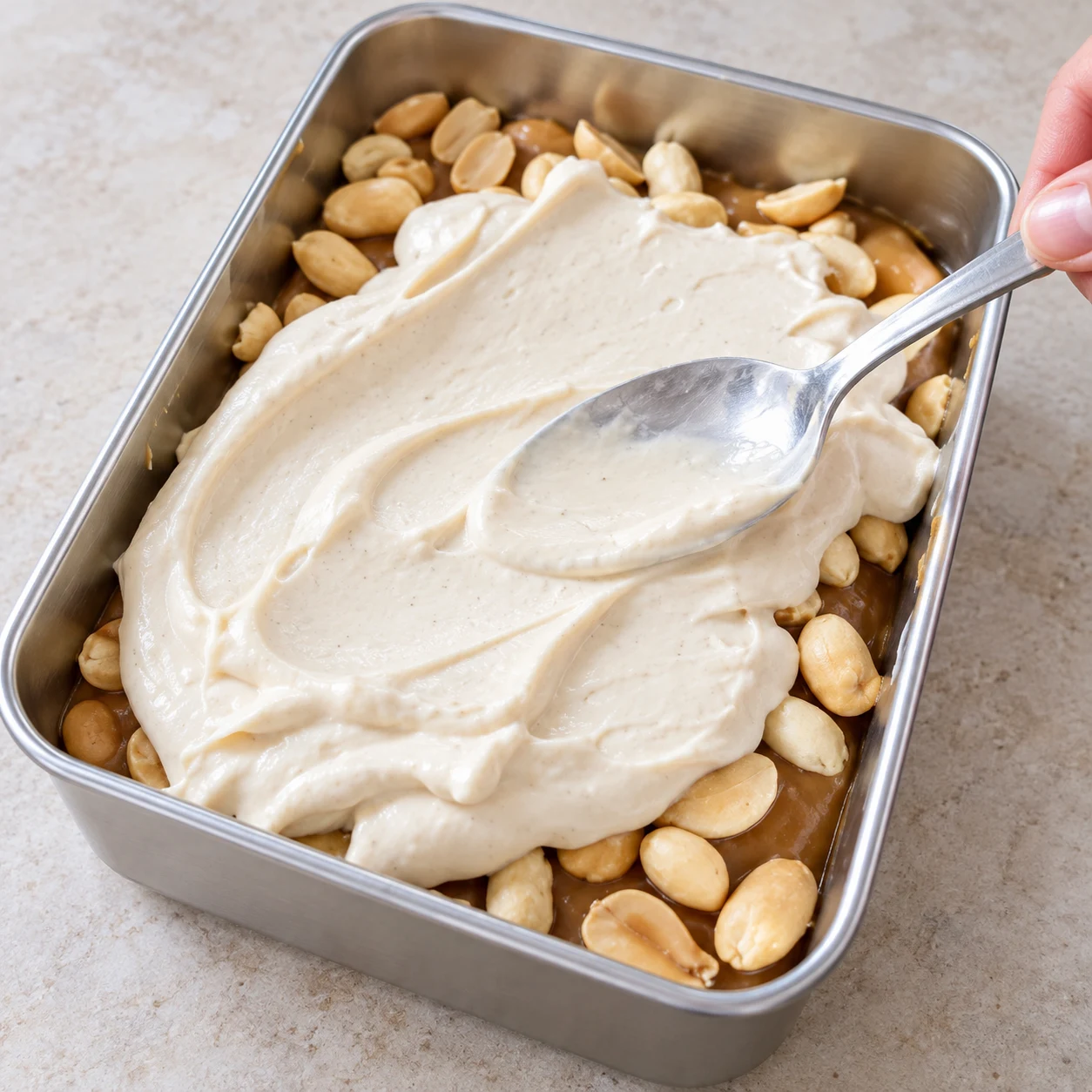 Moule en inox avec des cacahuètes grillées entières sur le caramel, en partie recouvertes par la crème claire étalée à la cuillère.