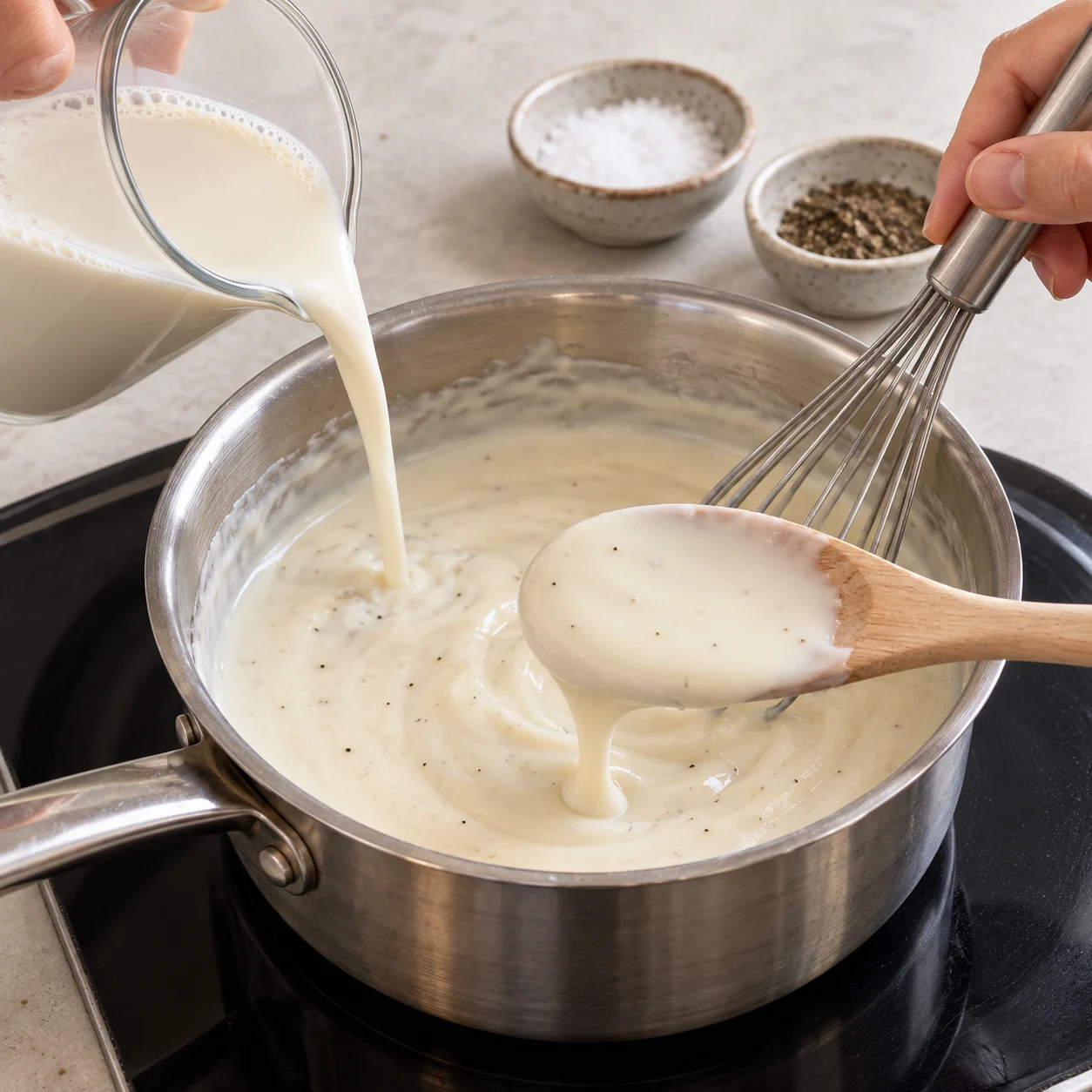 Versez progressivement les 450 ml de boisson au soja en fouettant le roux sur feu doux. Salez et poivrez selon le goût ; poursuivez jusqu’à obtenir une béchamel lisse qui nappe la cuillère.