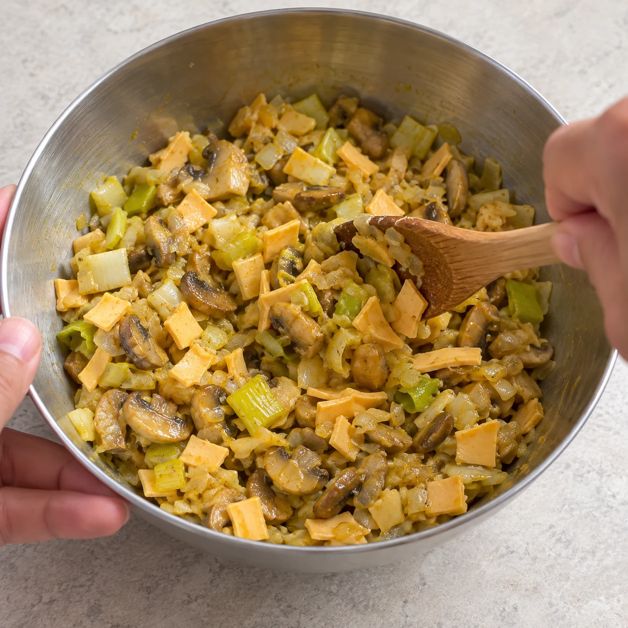 Petits morceaux orange pâle de tranchettes végétales mélangés à la farce cuite de poireau, champignons et oignon au curry.