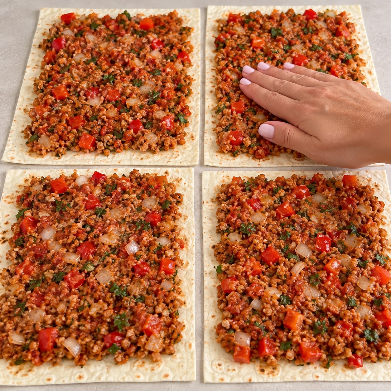 Répartissez toute la farce en couche régulière sur quatre rectangles de wrap, en la tassant légèrement pour maintenir le haché plus émietté. Montrer uniquement cette phase, sans texte ni personne identifiable ; soja cuisiné brun-rouge émietté, jamais viande rose.