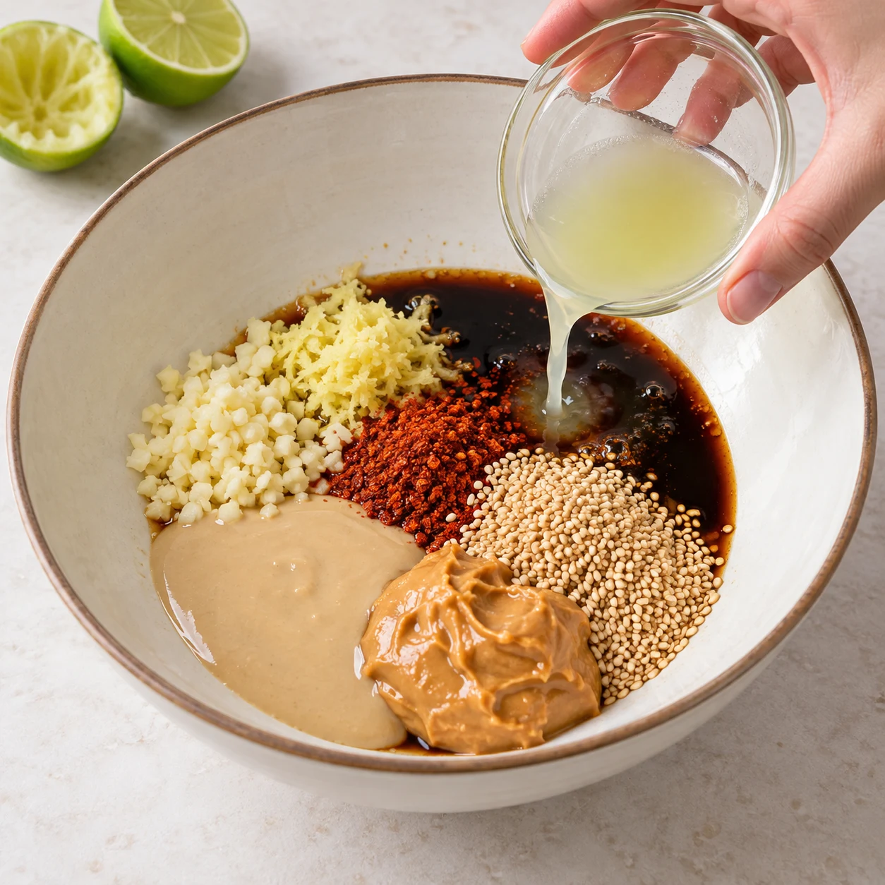 Bol contenant piment rouge, sésame, ail, gingembre, deux purées beige et sauce soja réduite en sel ; une main finit d’y verser le jus de citron vert mesuré. Ni nouilles ni oignon ni huile à ce stade.