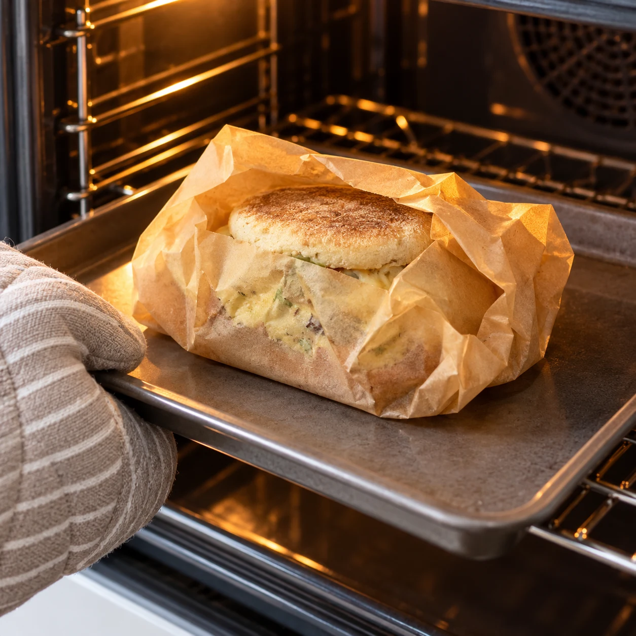Un sandwich fermé aux mogettes, au yaourt soja et aux lardons végétaux est emballé dans du papier cuisson entrouvert, sur une petite plaque dans un four ; gants de cuisine anonymes, aucun sac plastique.