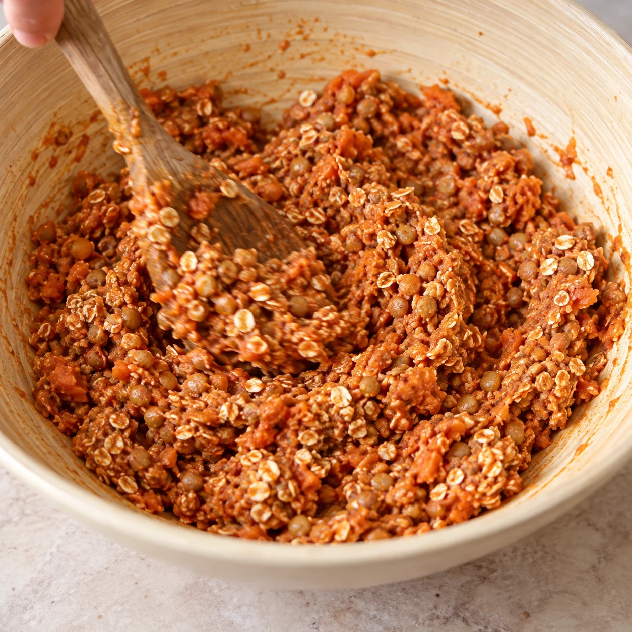Cuillère mélangeant la pâte grossière orange, grains de lentilles et petits flocons visibles.