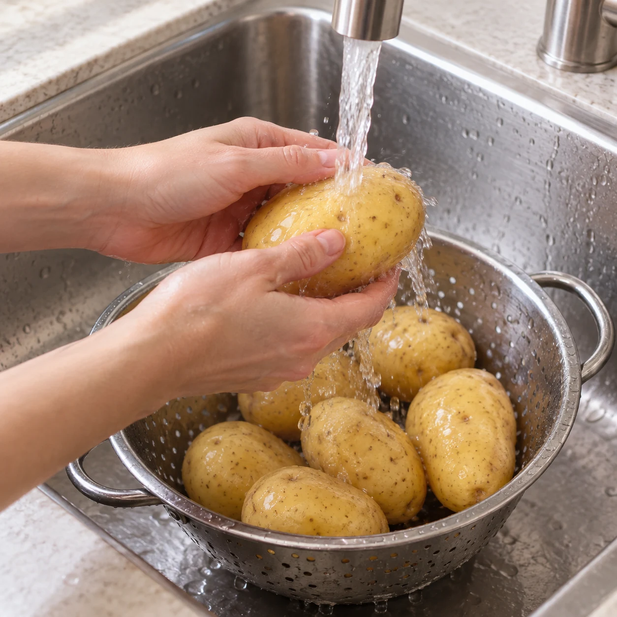Laver les pommes de terre : La terre a disparu de la surface des pommes de terre.