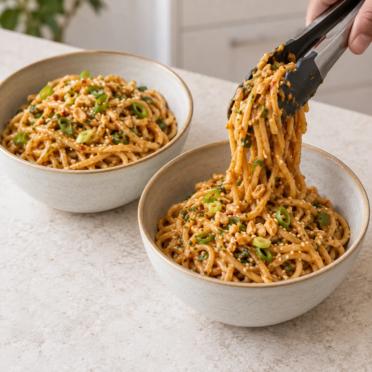Bol neutre de nouilles enrobées de sauce, ciboule et sésame.