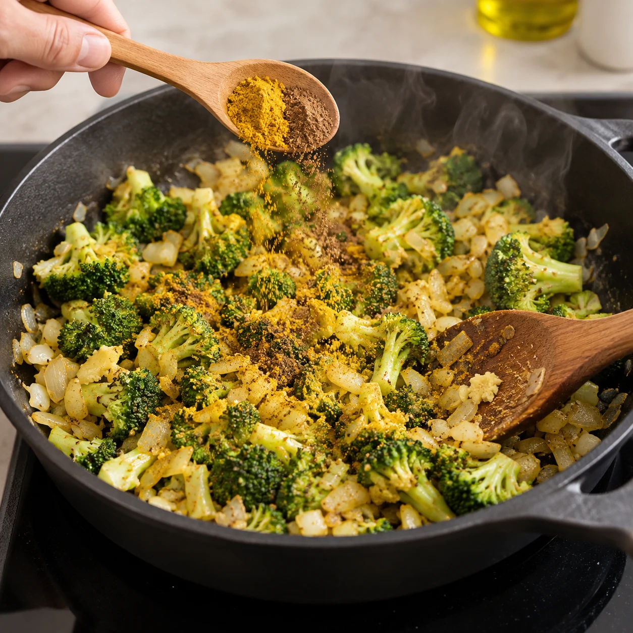 Cuillère ajoutant le curry jaune et les quatre-épices brunes au mélange brocoli oignon ail gingembre dans une poêle, avant la sauce ; substitution de disponibilité documentée.
