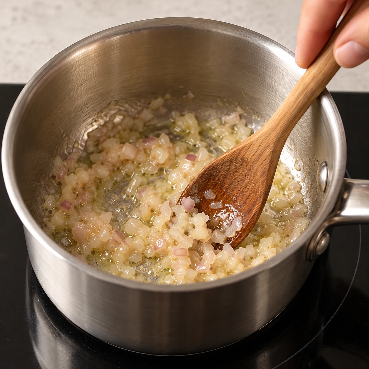 Échalote émincée et margarine végétale dans une petite casserole.