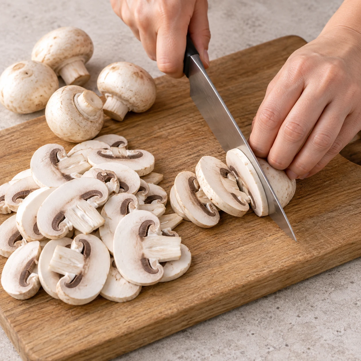 Champignons coupés en lamelles sur une planche, prise en griffe.