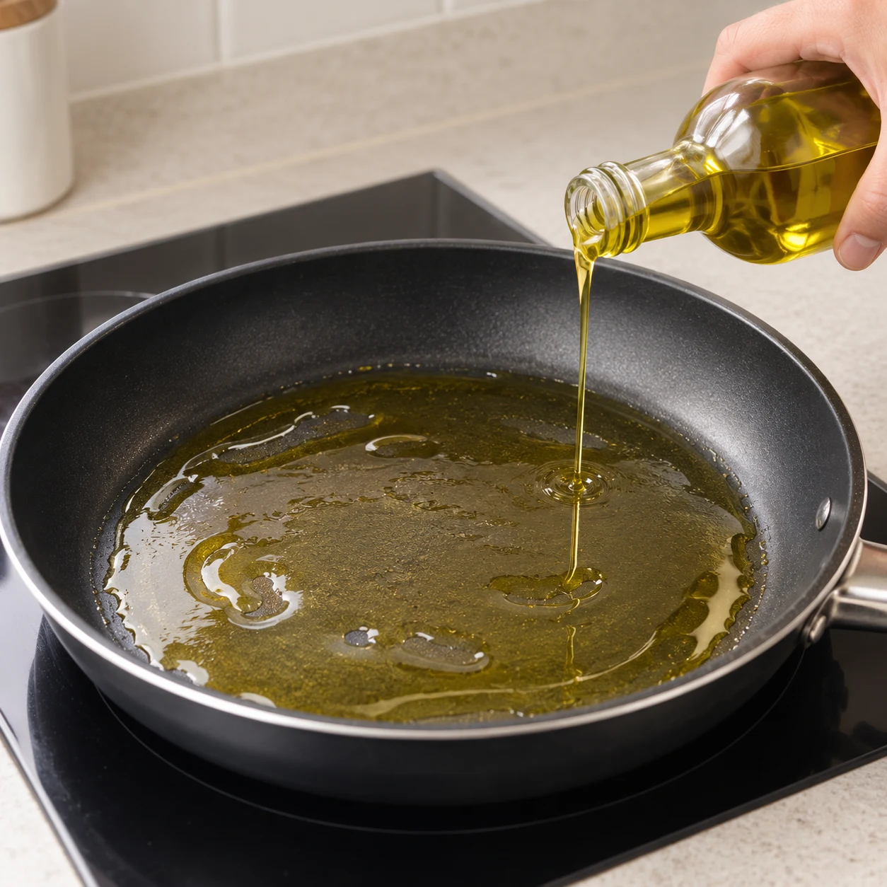 Filet d’huile d’olive dorée versé dans une grande poêle antiadhésive noire vide.