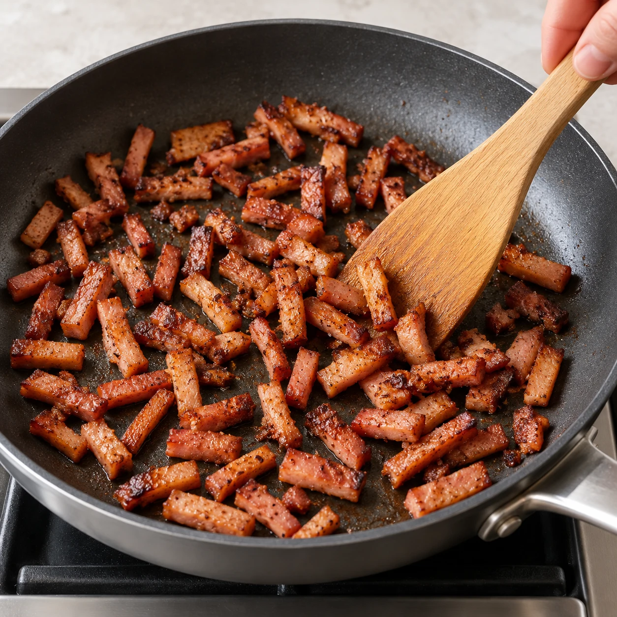 Faire dorer les 100 g de lardons végétaux fumés dans une poêle antiadhésive à feu moyen, en les remuant et sans ajout de matière grasse. Surveiller la coloration puis réserver. Ce dorage à sec est un choix de cette adaptation ; les lardons contiennent déjà de la matière grasse.