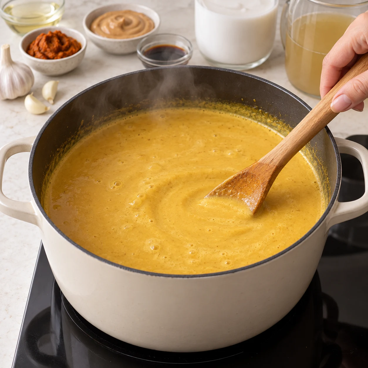 Lisser le bouillon. Laisse mijoter doucement en remuant jusqu’à obtenir un bouillon lisse et parfumé, sans amas de pâte de curry ou de purée de cacahuète. Résultat : Le bouillon est lisse et homogène.. Uniquement : Pâte de curry doux, Purée de cacahuète, Sauce soja, Lait de coco, Bouillon de légumes en cubes, Eau pour le bouillon, Ail frais, Huile de tournesol. Aucun ingrédient futur. Bouillon au curry doux ocre doré, crémeux ; non rouge vif.