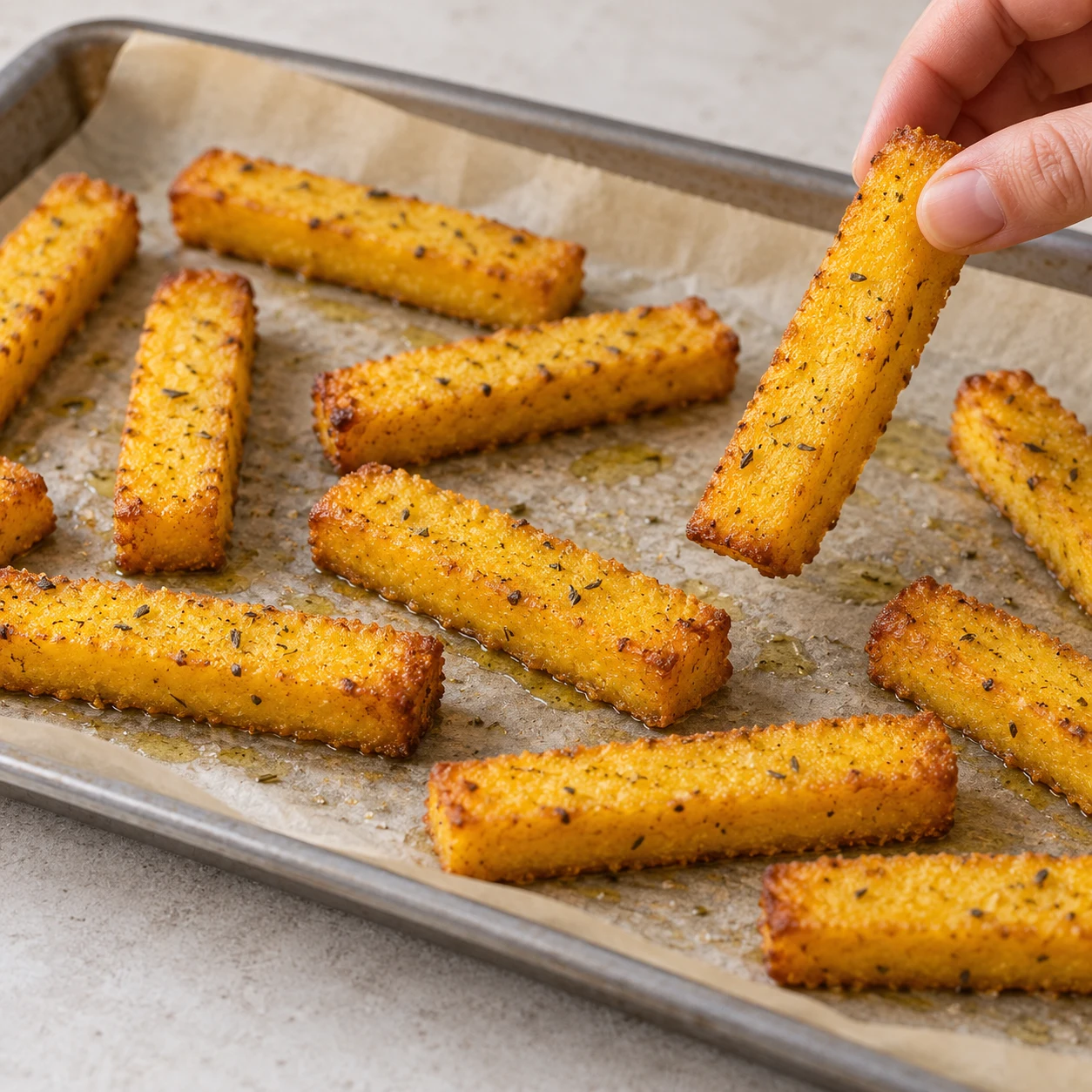 Bâtonnets de polenta dorés au repos sur papier sulfurisé, sans cuisson active.