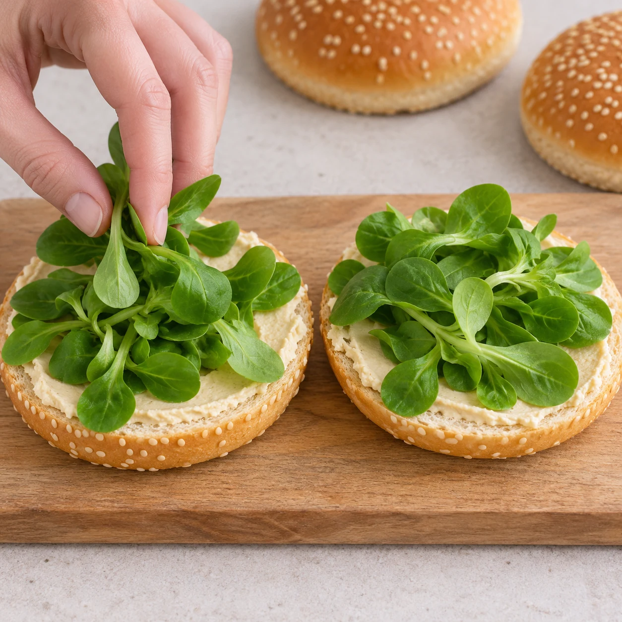 Posez quelques feuilles de mâche sur le houmous. Montrer seulement cette action et les ingrédients déjà présents.
