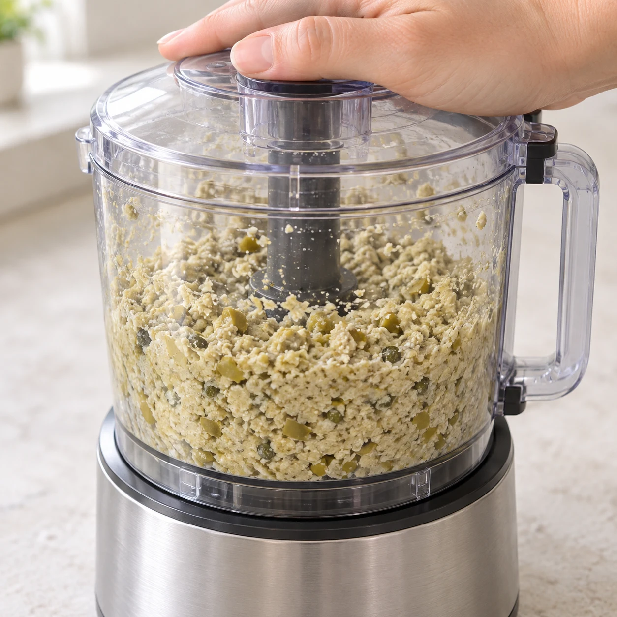 Bol de robot fermé contenant une pâte d’olives vertes et de tofu finement granuleuse, sans huile ajoutée ni aneth.