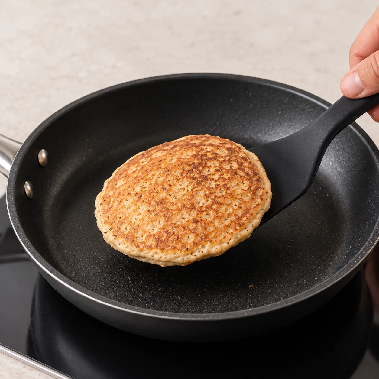 Spatule retournant un pancake ; première face brun doré visible, poêle noire, mains anonymes.
