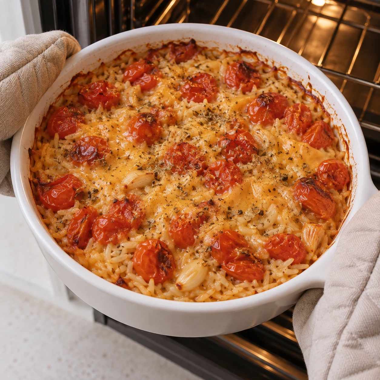 Plat chaud tenu avec des maniques neutres, tomates rôties, riz cuit et tranches végétales orange fondues en sauce.