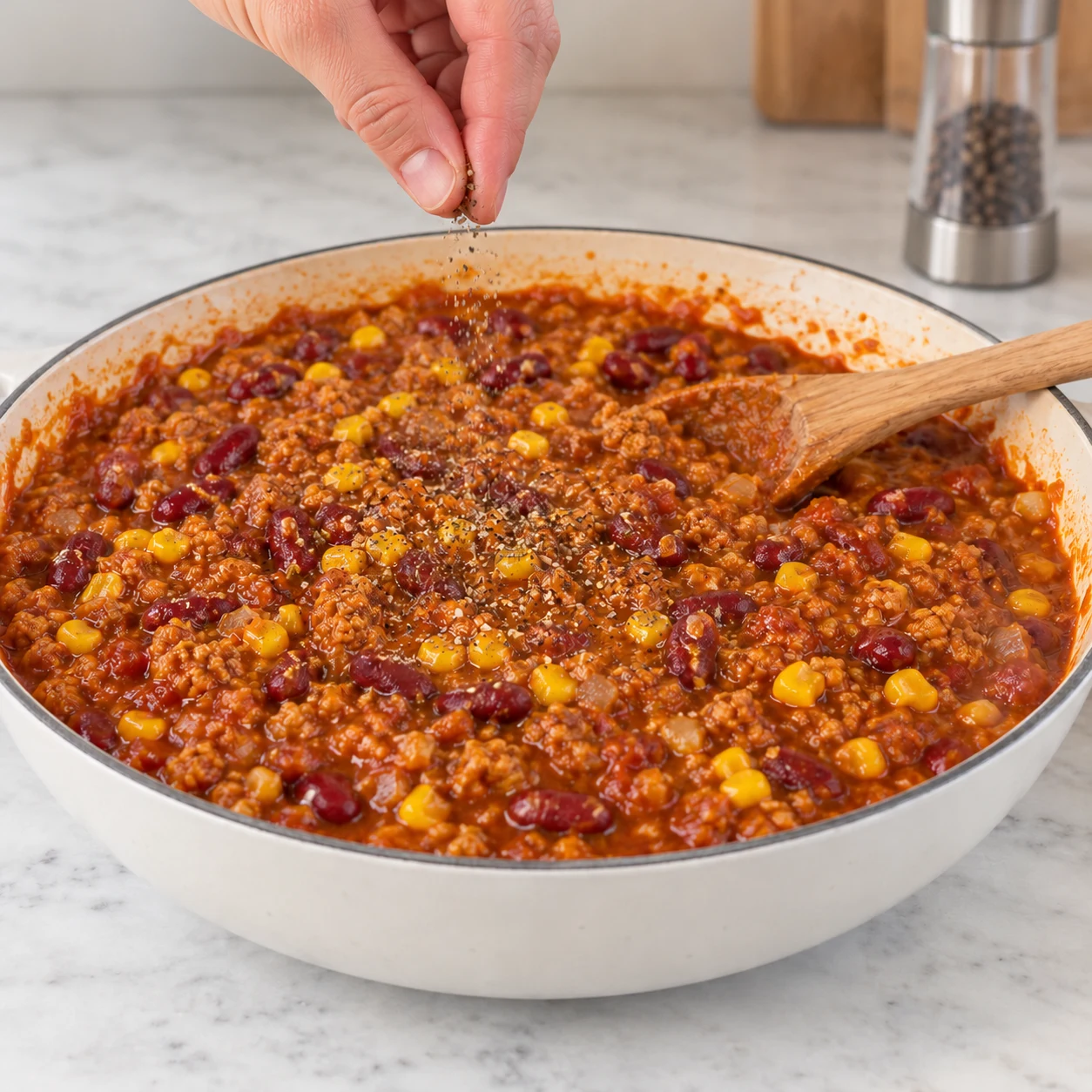 Cuillère de chili prêt avec ajout discret de poivre ; aucune garniture ajoutée.