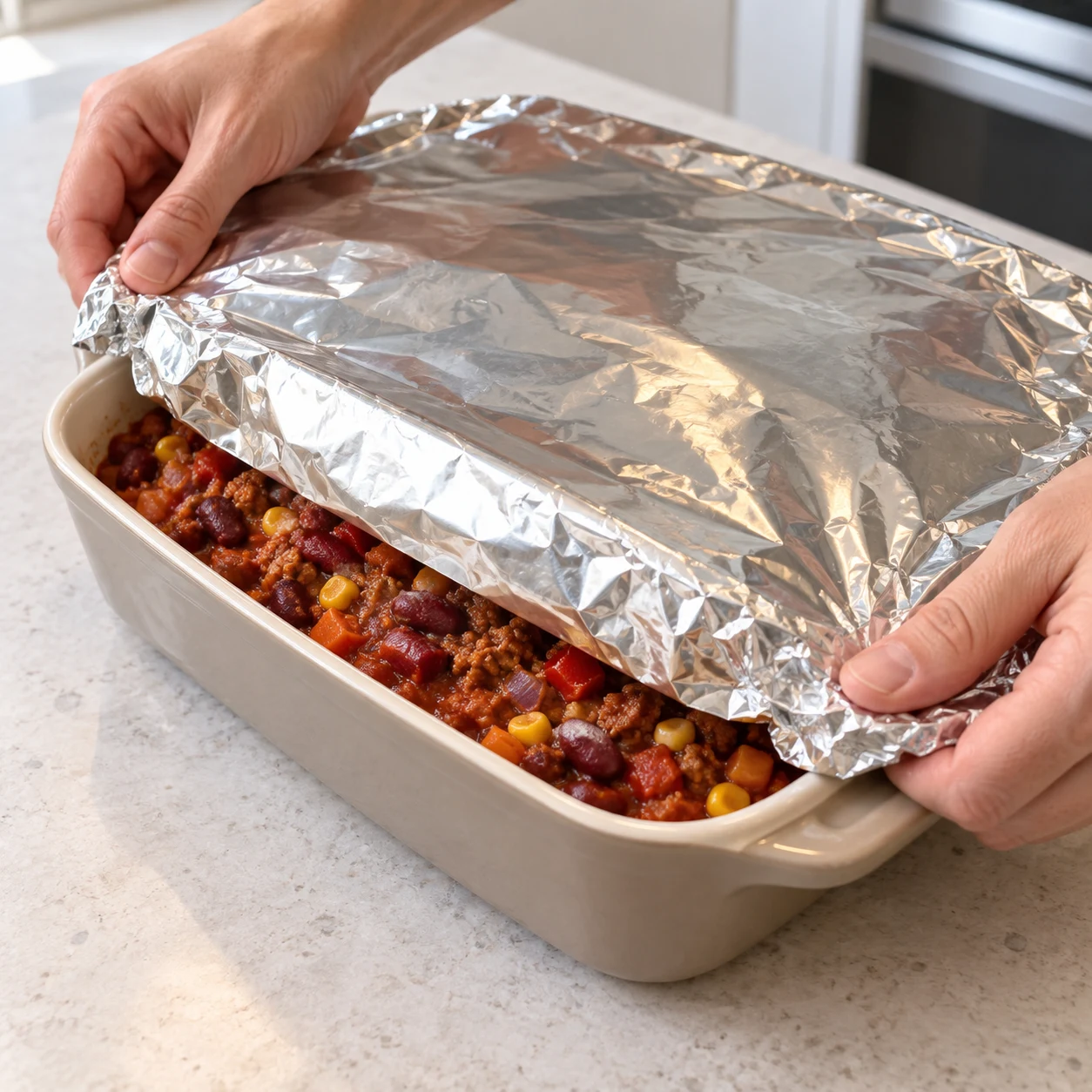 Couvrez le plat avec une feuille d’aluminium, comme à l’enfournement dans la recette d’origine.