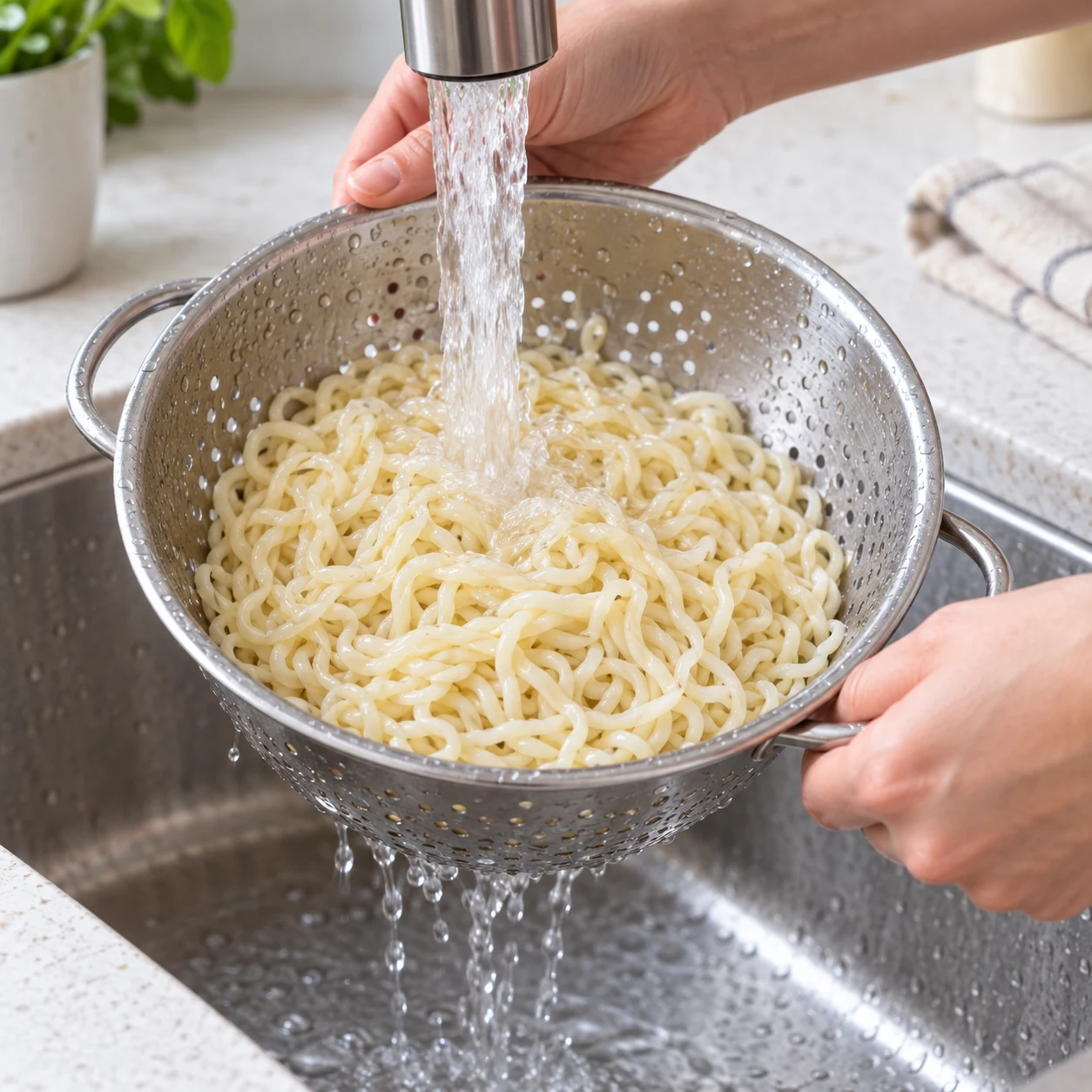 Nouilles seules dans une passoire sous un filet d’eau froide, mains anonymes ; le geste vient de la recette d’origine.