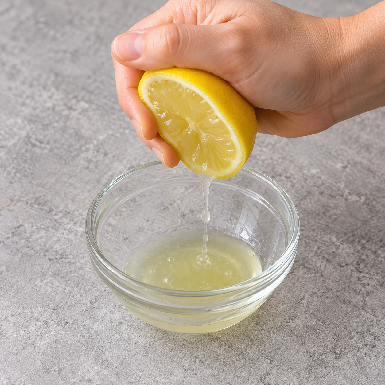 Demi-citron frais pressé au-dessus d’un petit récipient, main adulte anonyme.