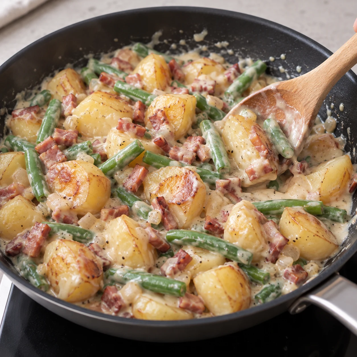 Enrober la poêlée : Mélangez délicatement à chaud pour enrober la poêlée de crème de soja. Résultat : La sauce nappe les légumes et les lardons végétaux.