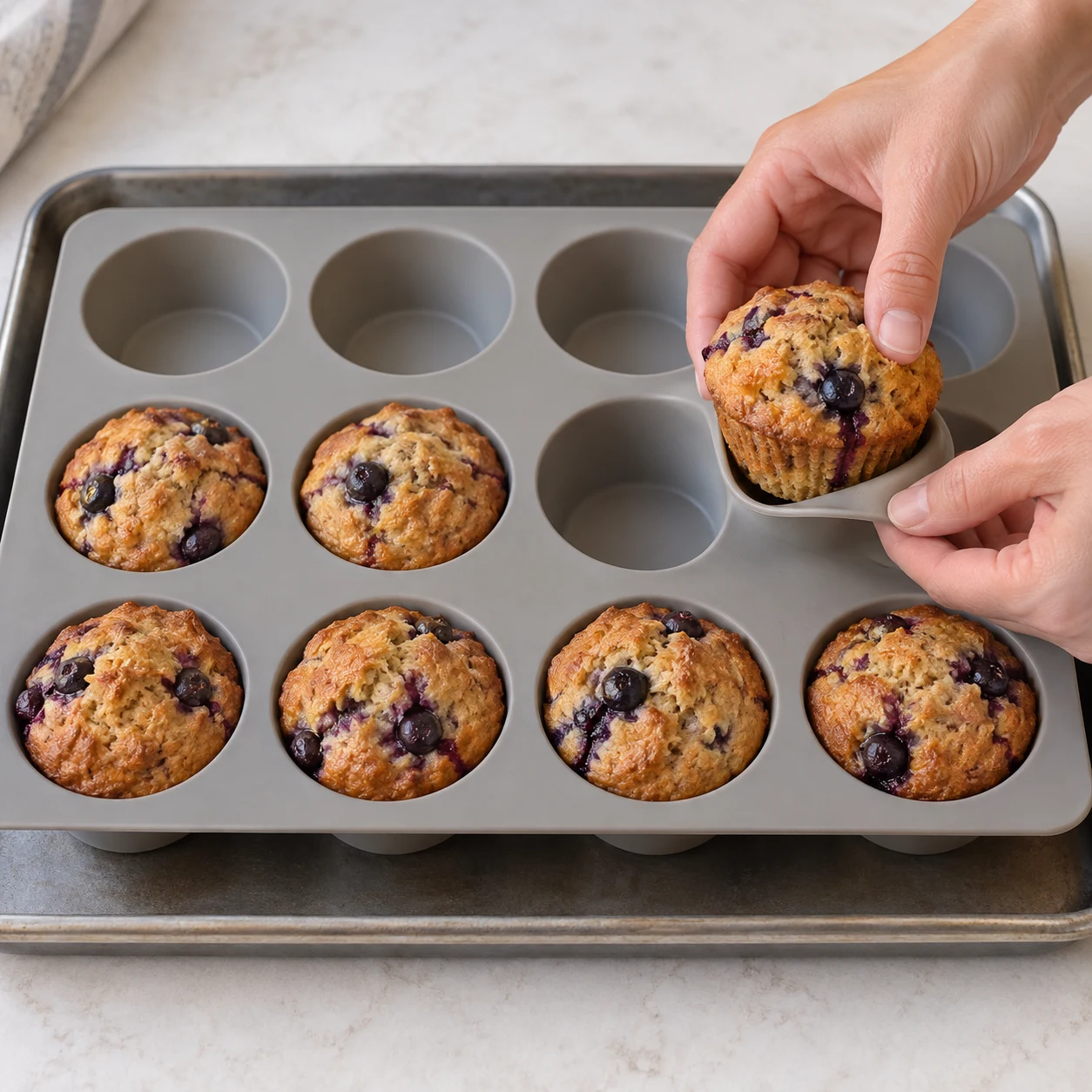 Des mains adultes anonymes démoulent un muffin banane-myrtille, les autres muffins cuits dans le moule.