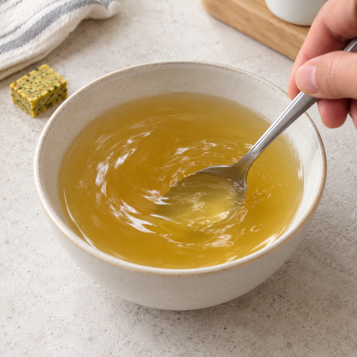 Une cuillère remue un bouillon clair dans un bol neutre ; uniquement eau et bouillon, aucune sauce tomate ni haché.