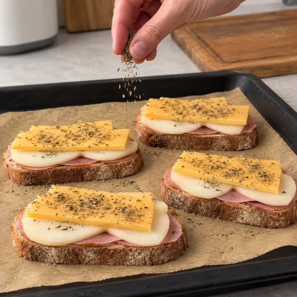 Parsème les toasts d’un peu d’herbes de Provence. Montrer seulement les ingrédients de cette étape, les alternatives véganes acceptées et des mains adultes anonymes si nécessaire.