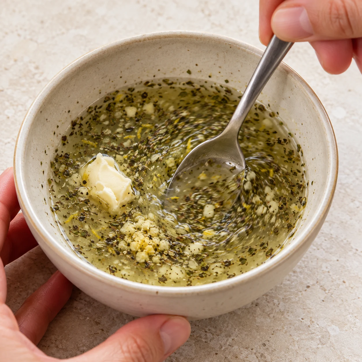 Préparer la sauce citron. L’ail et les herbes sont répartis dans le liquide ; la margarine peut encore être en morceaux.. Ne montrer que citron, ail, herbes, bouillon-cube, erable, eau, margarine, sel-sauce, poivre à cette phase ; lumière naturelle, mains anonymes sans accessoires, aucun texte ni visage.
