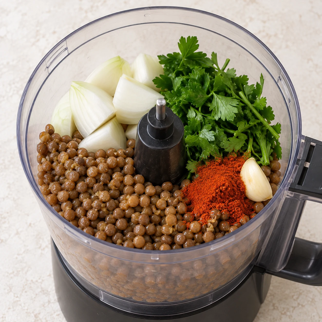 La cuve ouverte du mixeur contient les lentilles brunes cuites, les morceaux d’un demi-oignon, l’ail, le persil et le paprika.