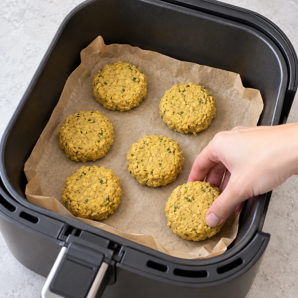 Disposer six palets jaunes crus dans le panier ouvert de la friteuse à air, en une couche, début de cuisson. Main anonyme plaçant le dernier palet, aucune main au contact d’un appareil brûlant.