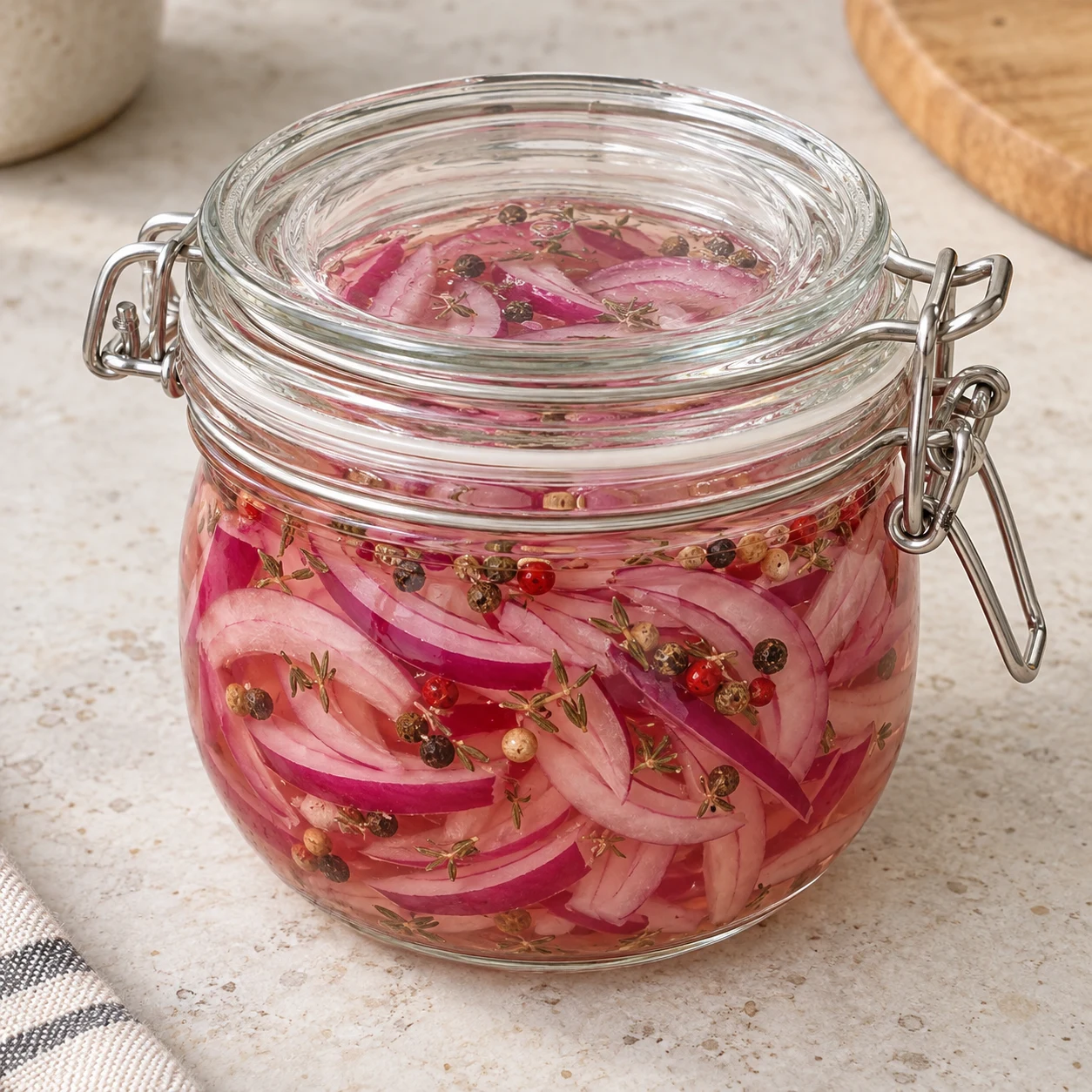Bocal fermé posé sur plan de travail en pierre pâle, lamelles d’oignon rouge-violet fraîchement immergées dans saumure claire légèrement rose, grains du mélange cinq baies et thym séché visibles, aucun réfrigérateur, aucune main, aucun texte.
