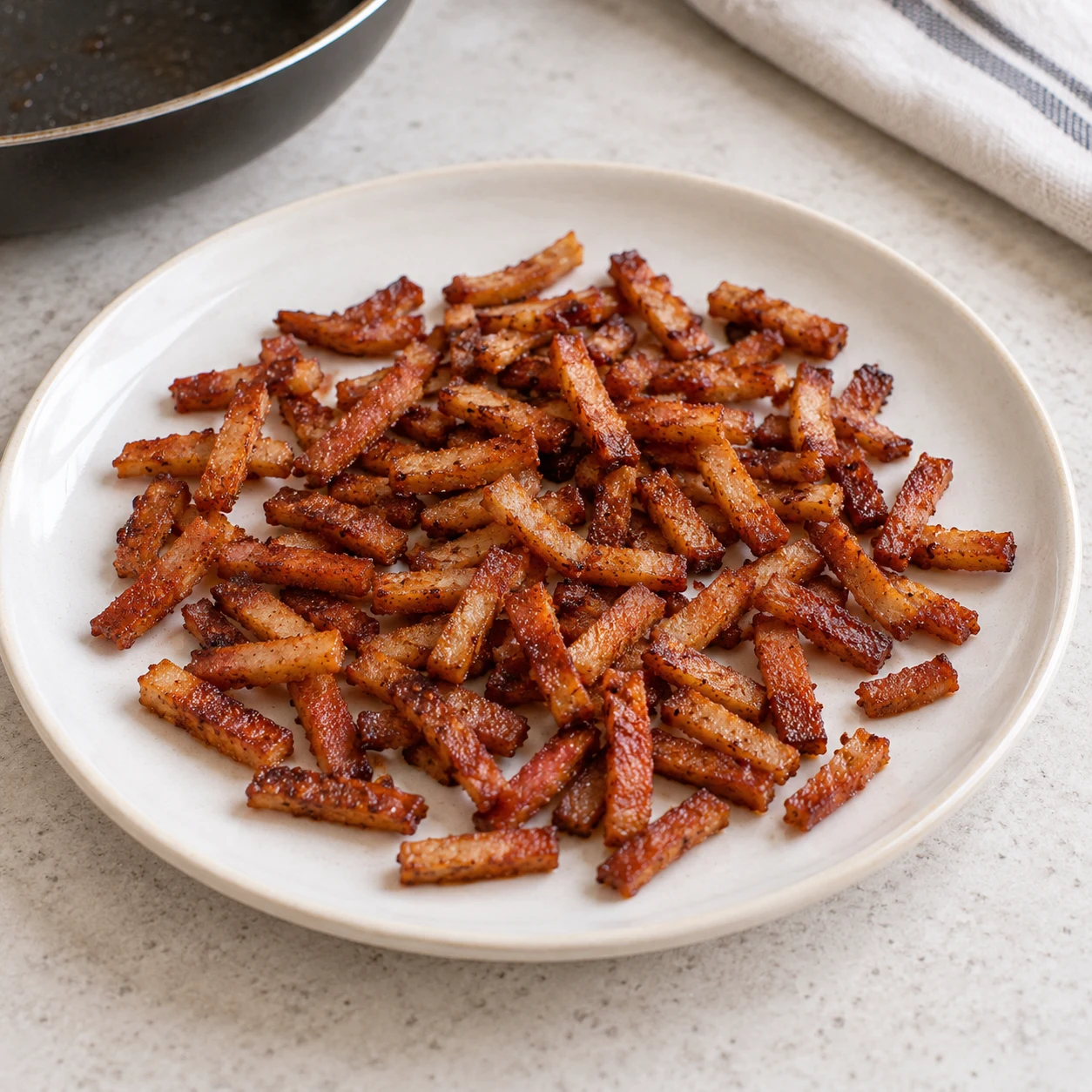 Lardons végétaux poêlés refroidis, en petites allumettes brun rouge sur une assiette neutre, sans vapeur, aucun autre aliment.