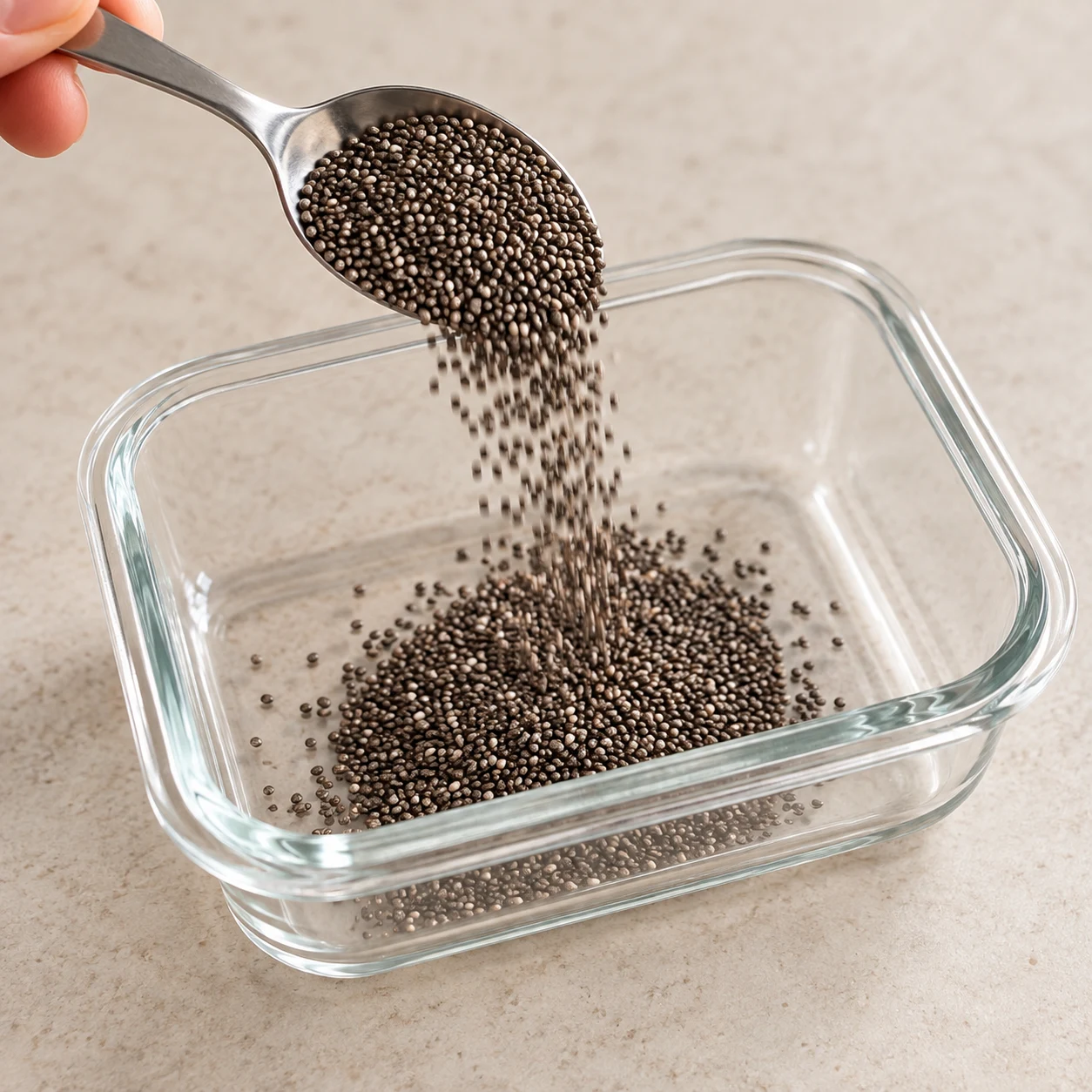 Graines de chia sèches dans un petit récipient rectangulaire en verre, sans boisson ni sirop.