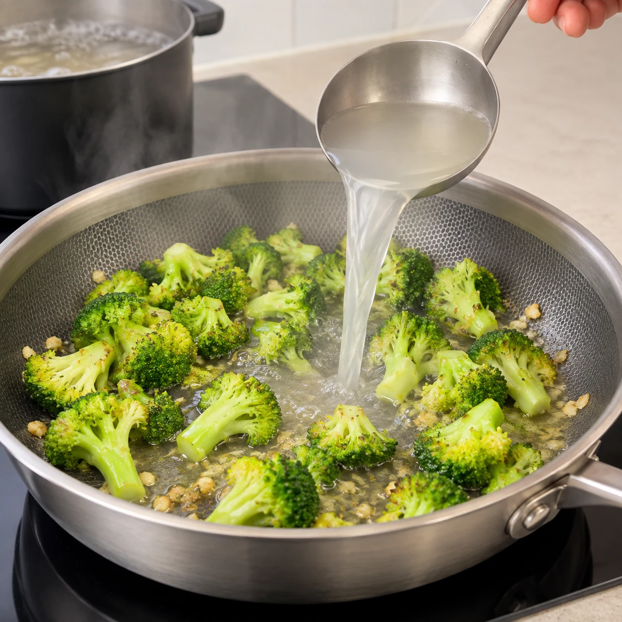 Une louche d’eau de cuisson est versée sur les fleurettes et l’ail dans la poêle, aucune sauce crémeuse encore.
