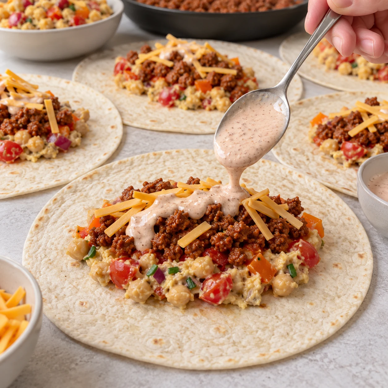 Répartissez la brouillade de pois chiches, le haché à la tomate, la sauce au soja puis les 50 g de tranchettes végétales émincées au centre des six tortillas. Laissez les bords libres pour le pliage. Montrer uniquement la phase décrite et la variante végane aux pois chiches.
