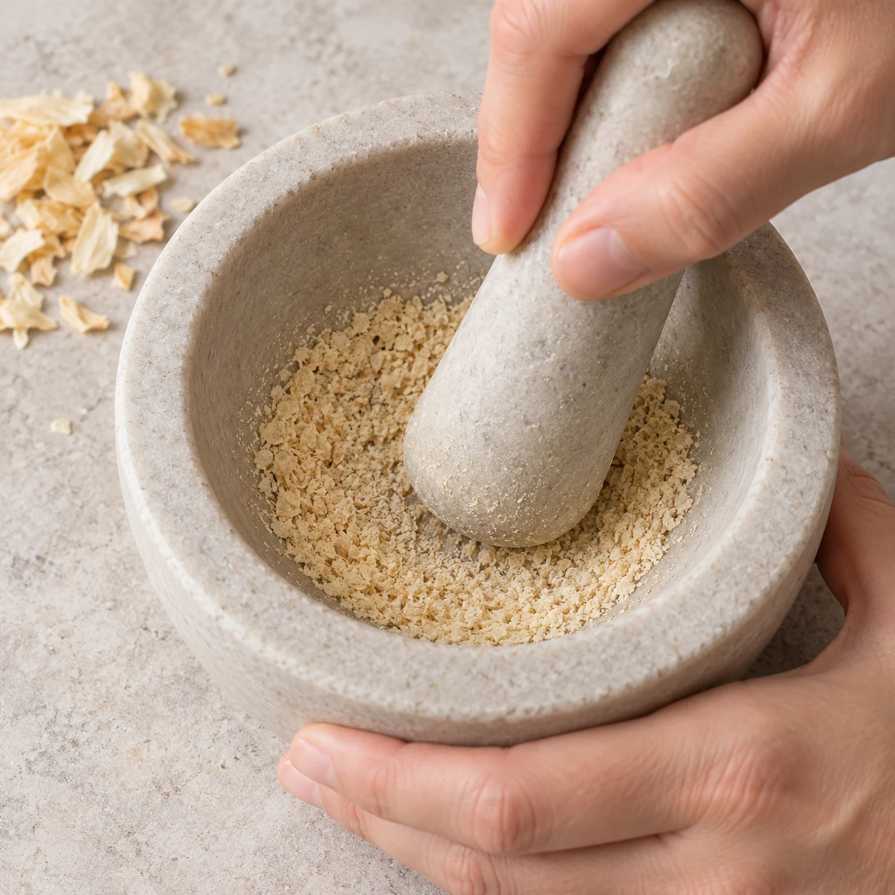Un pilon écrase quelques fragments d’oignon déshydraté beige dans un mortier neutre, mains adultes anonymes, aucun autre ingrédient.