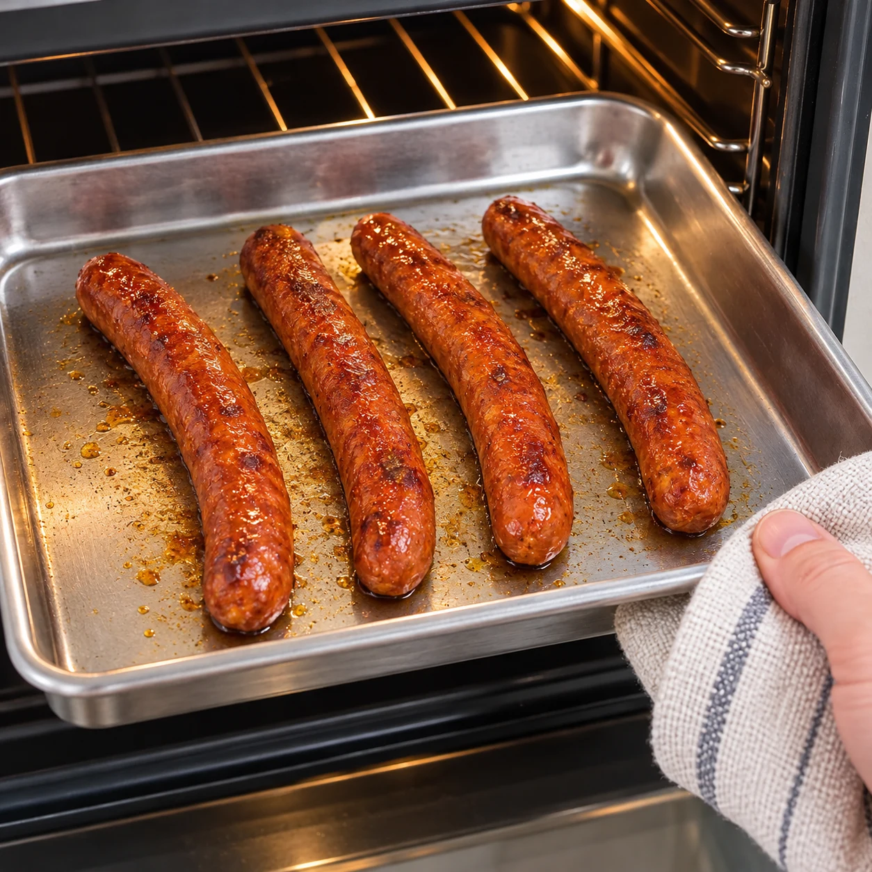 Quatre fines merguez végétales brun rouge grillées dans un plat de four métallique, sans viande ni emballage.