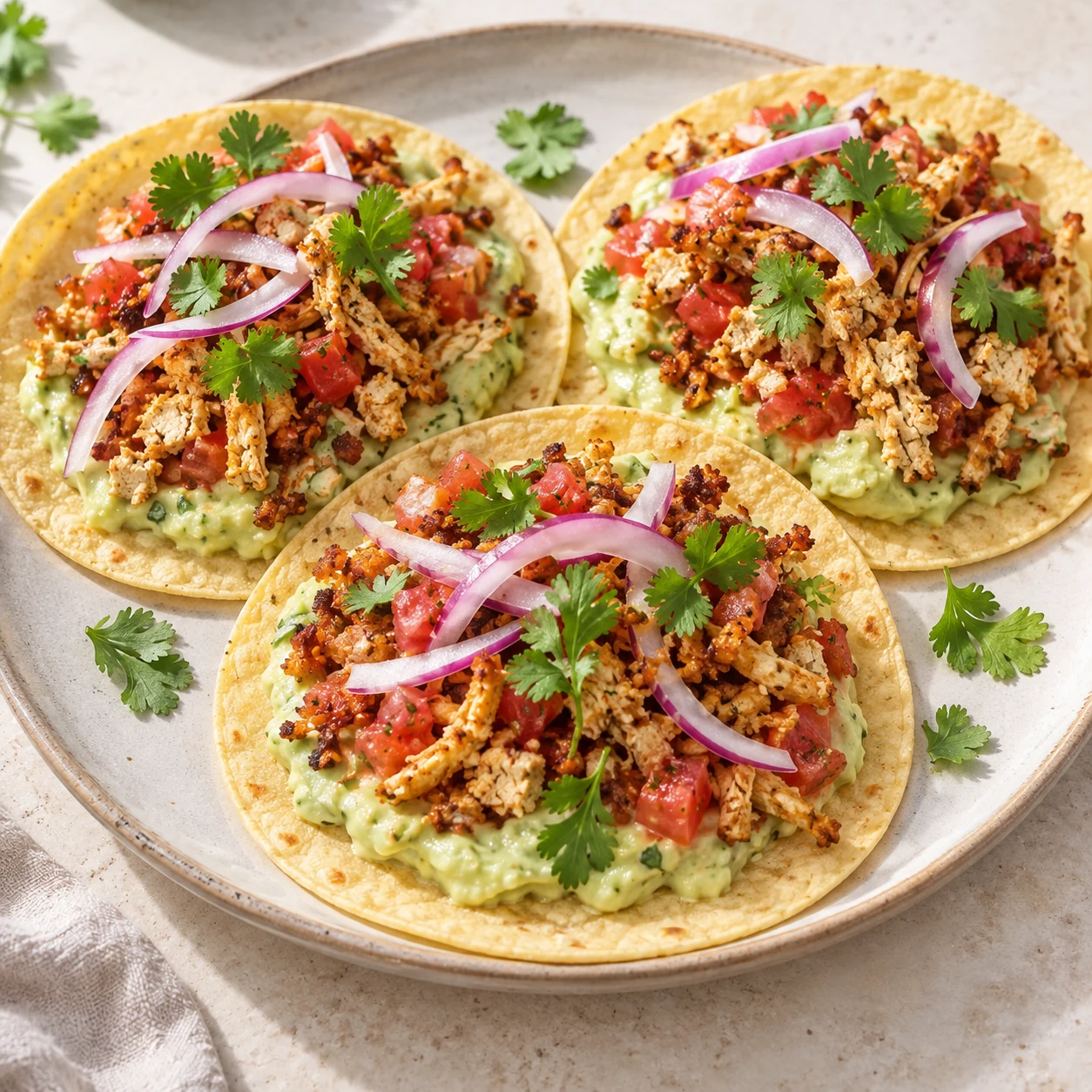 Tortillas au tofu nature râpé, crème d’avocat et oignon rouge