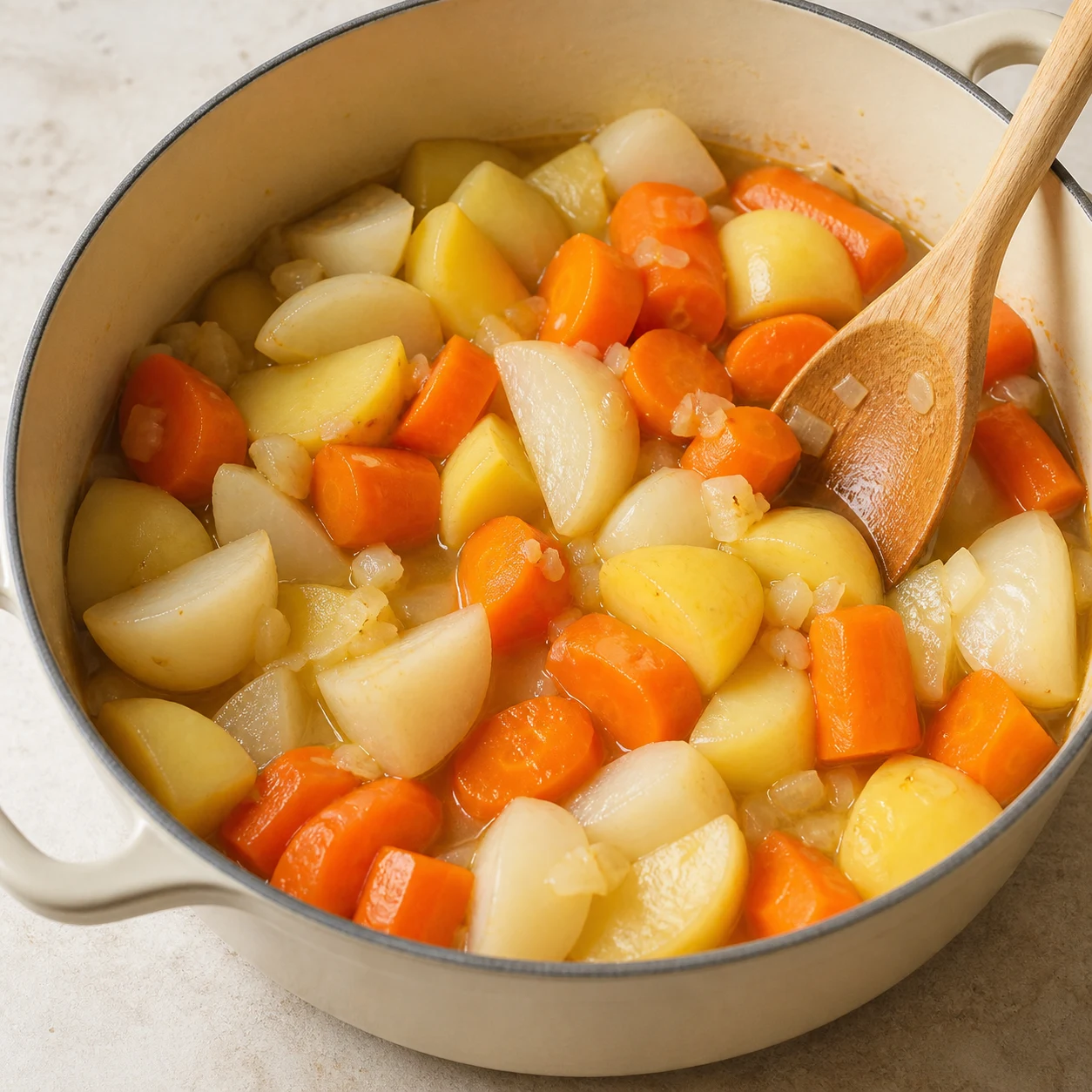 Cocotte de navarin végétal mijotant avec carottes épaisses, navets et pommes de terre fondantes dans un jus léger.