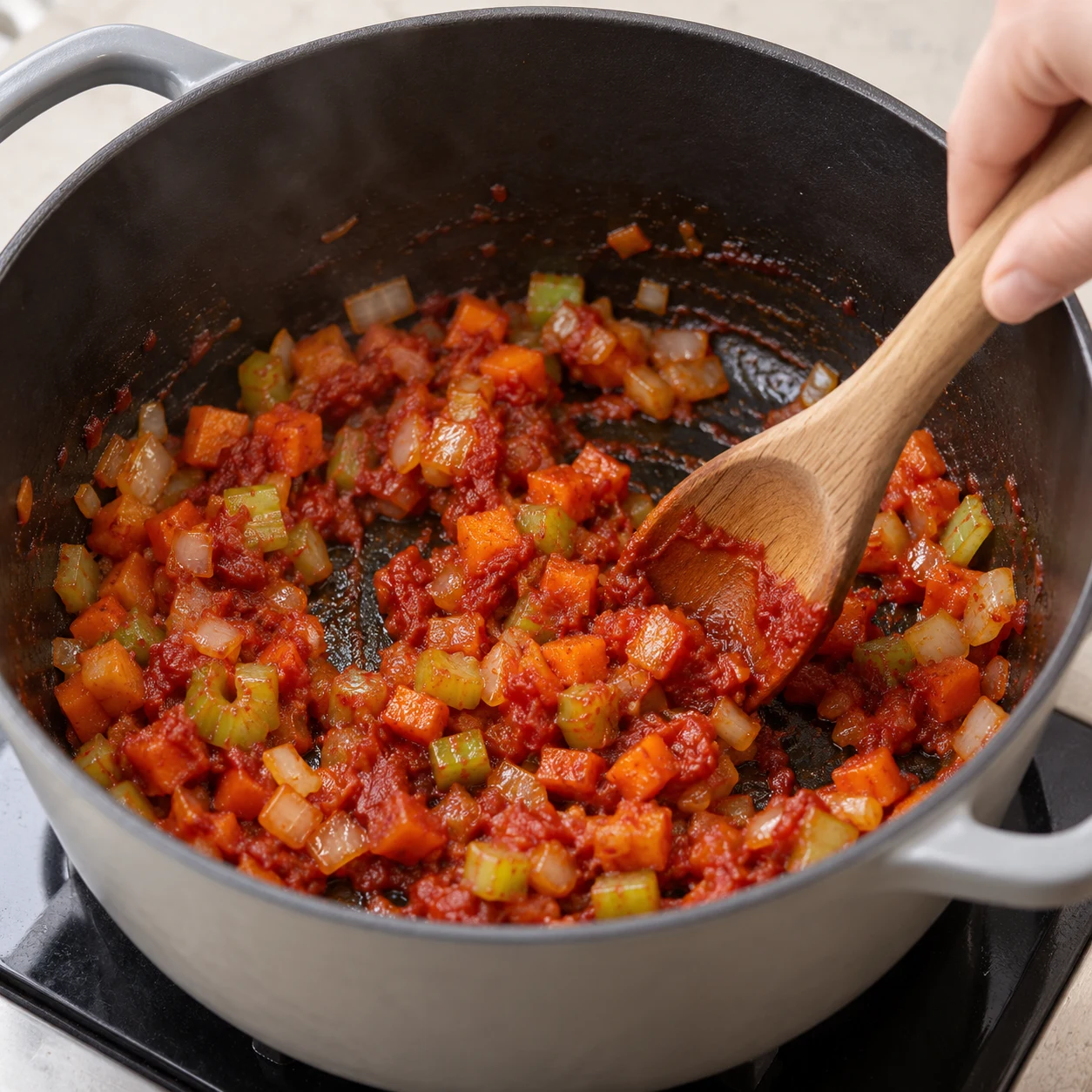 Concentré de tomates rouge en cours d’incorporation aux dés de légumes.