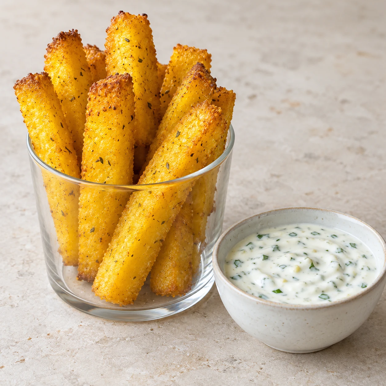 Frites de polenta dorées et épaisses debout dans un verre neutre, bol de sauce blanche à fines touches vertes à côté, sans mains.
