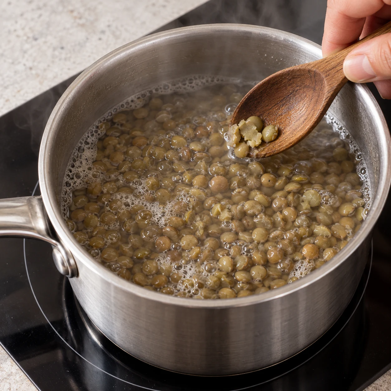 Lentilles dans une casserole d’eau frémissante.